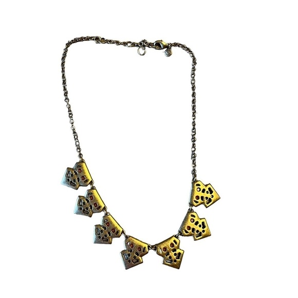 J Crew Antique Look Statement Bib Necklace Gold Peach Blue Rhinestones - Picture 7 of 7